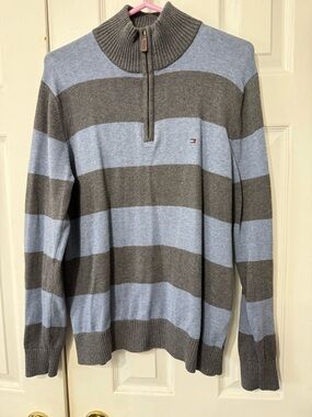Tommy Hilfiger Men’s Zip-Neck Striped Sweater in Light Blue & Charcoal